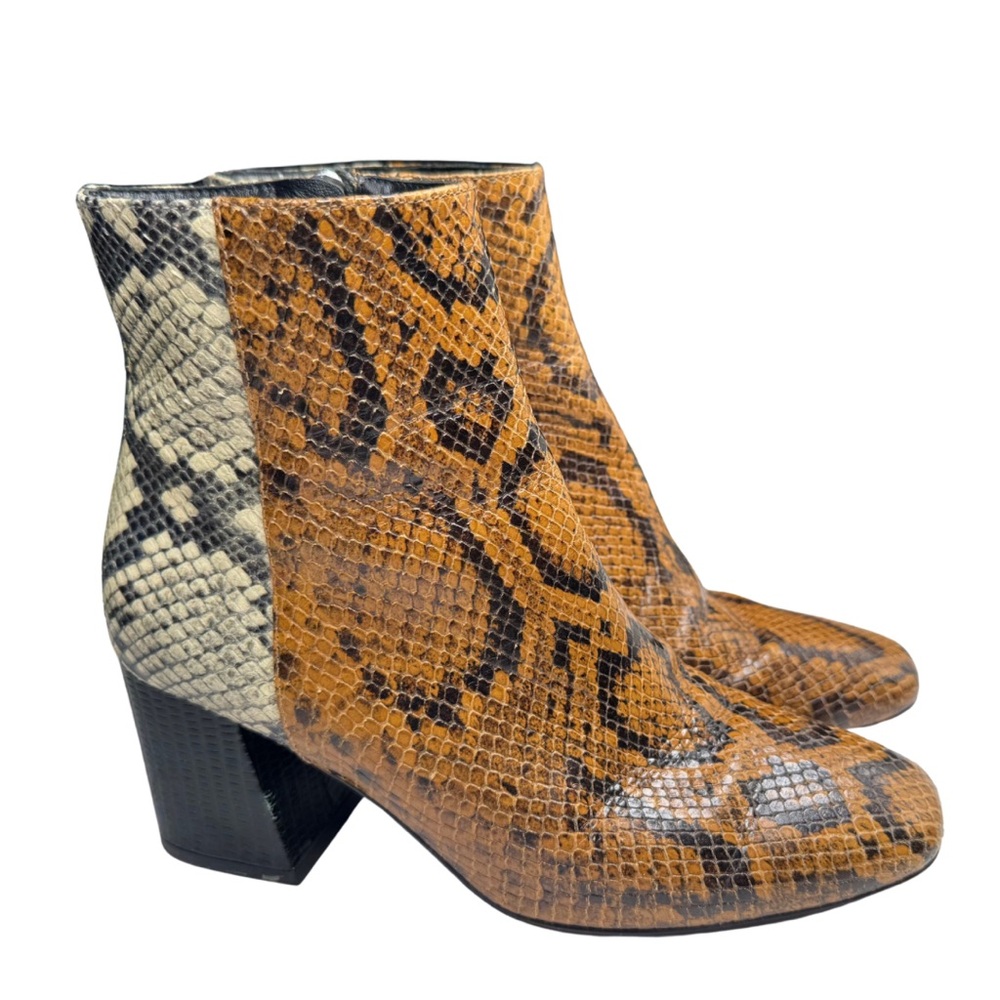 Freda Salvador Charm Brown Black Ankle Boots snakeskin leather Block Heel 6.5